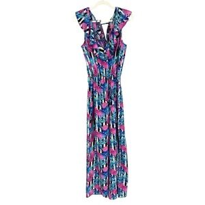 Love University Jumpsuit Large Pink Blue Pineapple Striped V-neck‎ Ruffle Collar